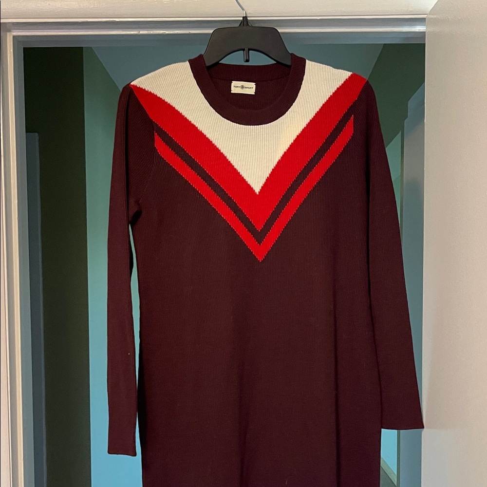 Tory Burch Burgundy Dress with Red and White Chevron